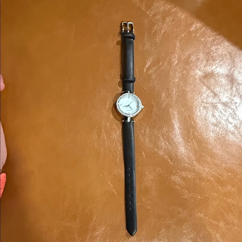 Quartz Watch with Black Strap and Crystal Accents